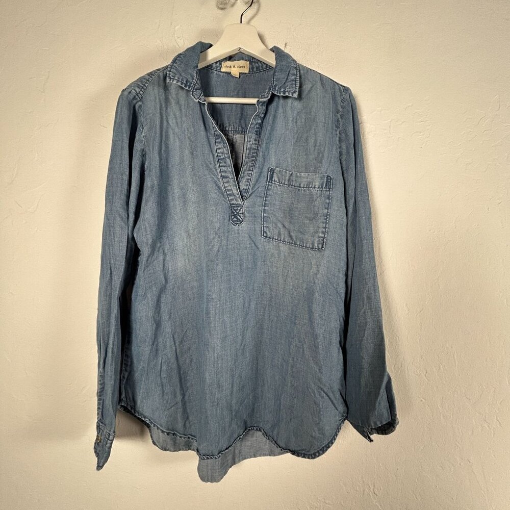 Cloth & Stone Womens Blue Chambray Long Sleeve Collared Pullover Shirt Medium